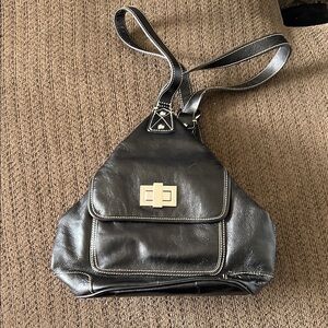 Black Faux Leather Sling Shoulder Bag with Silver Hardware